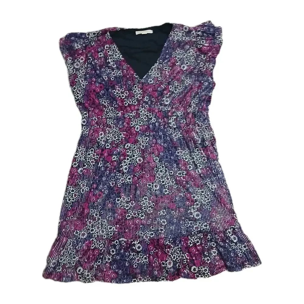 Michael Michael Kors Womens Dress XXL Purple Floral Pleated Ruffle Hem‎ V-Neck